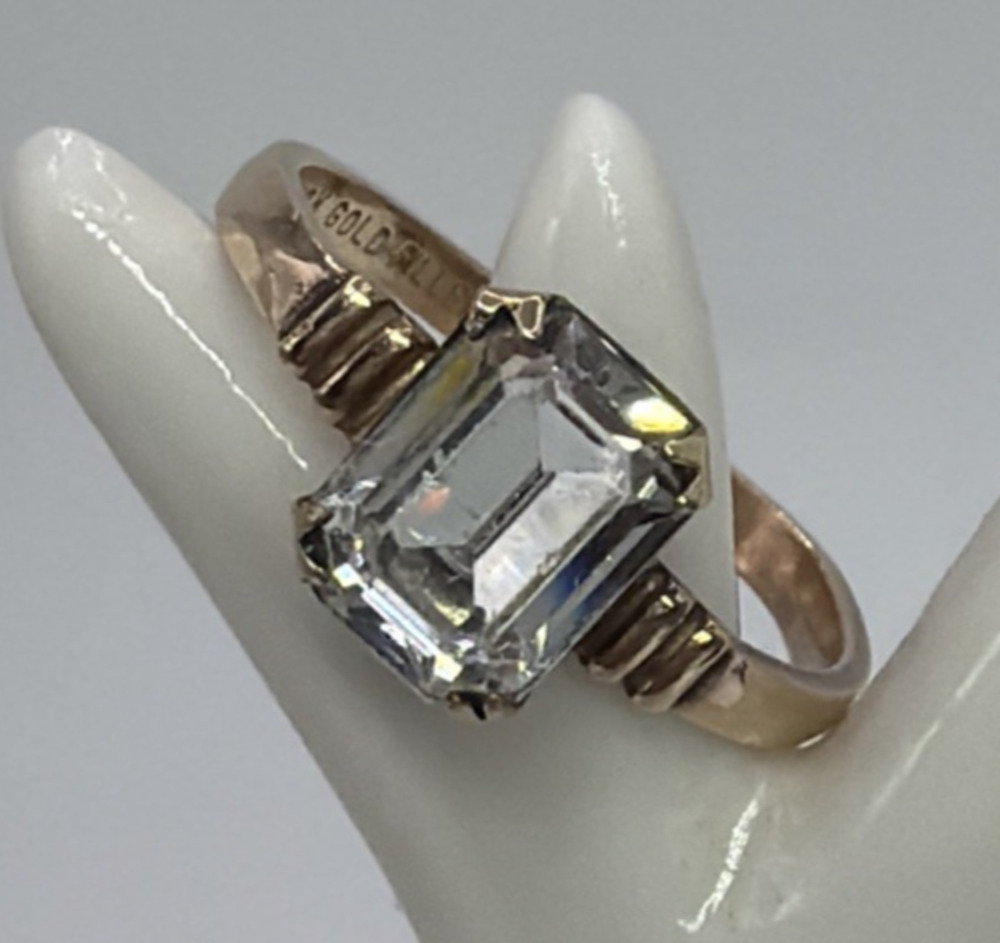 Vintage 10K Gold Filled GF Emerald Step Cut Glass Stone Ring Size 5.75 Art Deco